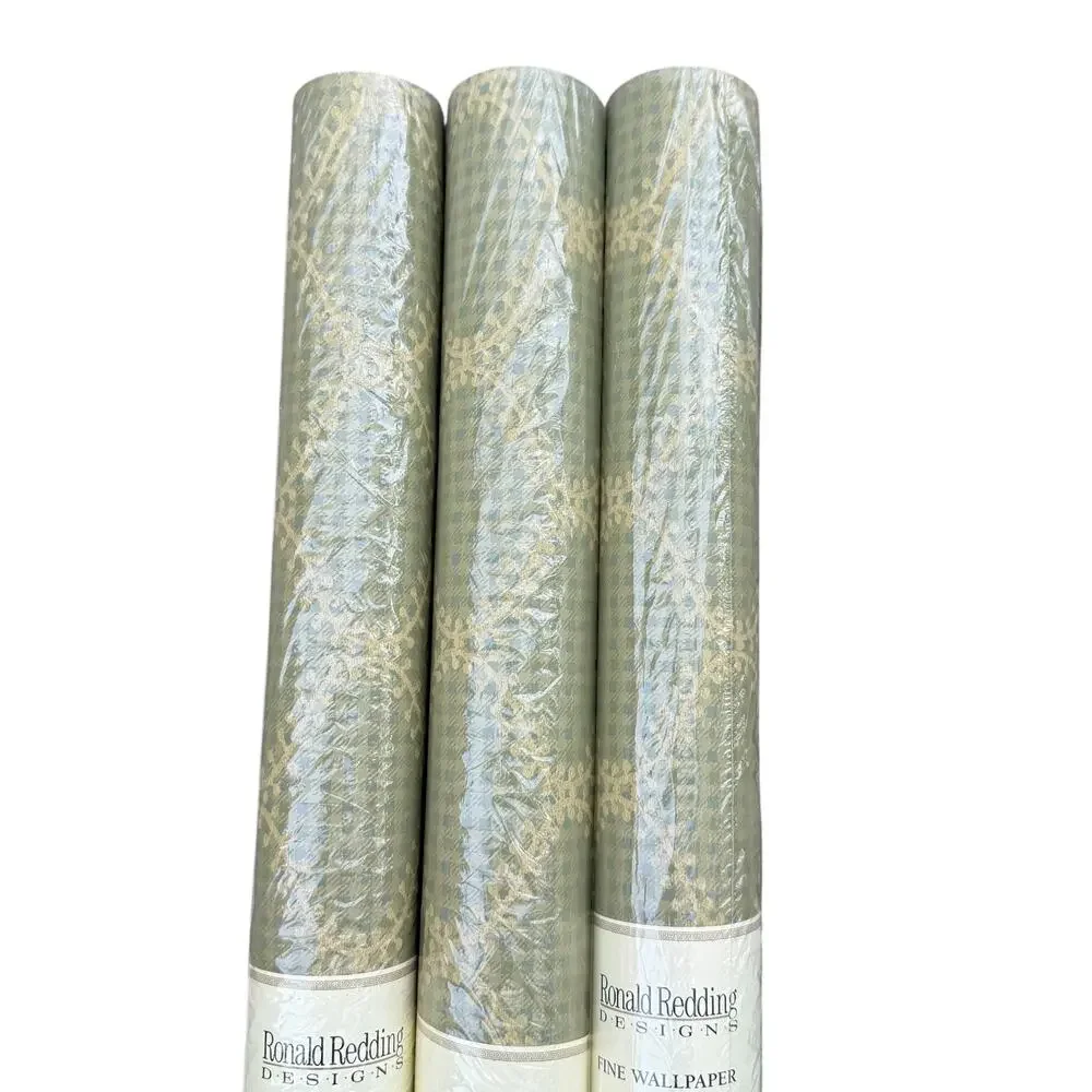 Ronald Redding Wallpaper Plaid Vines Farmhouse Green Gold DL0683 One Roll NEW